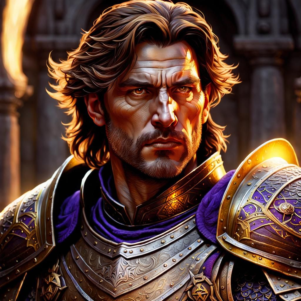 Insanely detailed color portrait of brown haired man in armo...