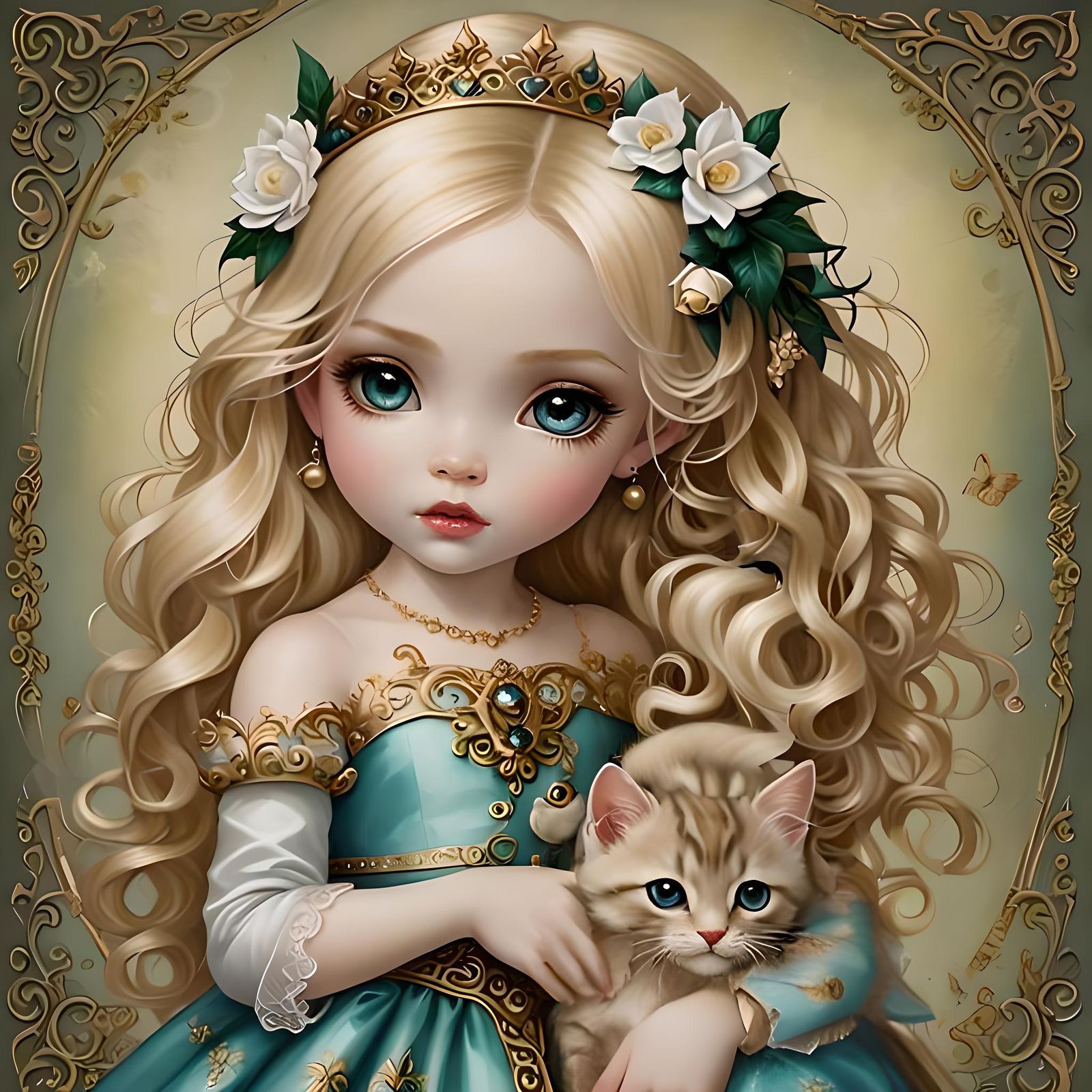 Little Doll-Princess with a Cute Baby-Kitten
