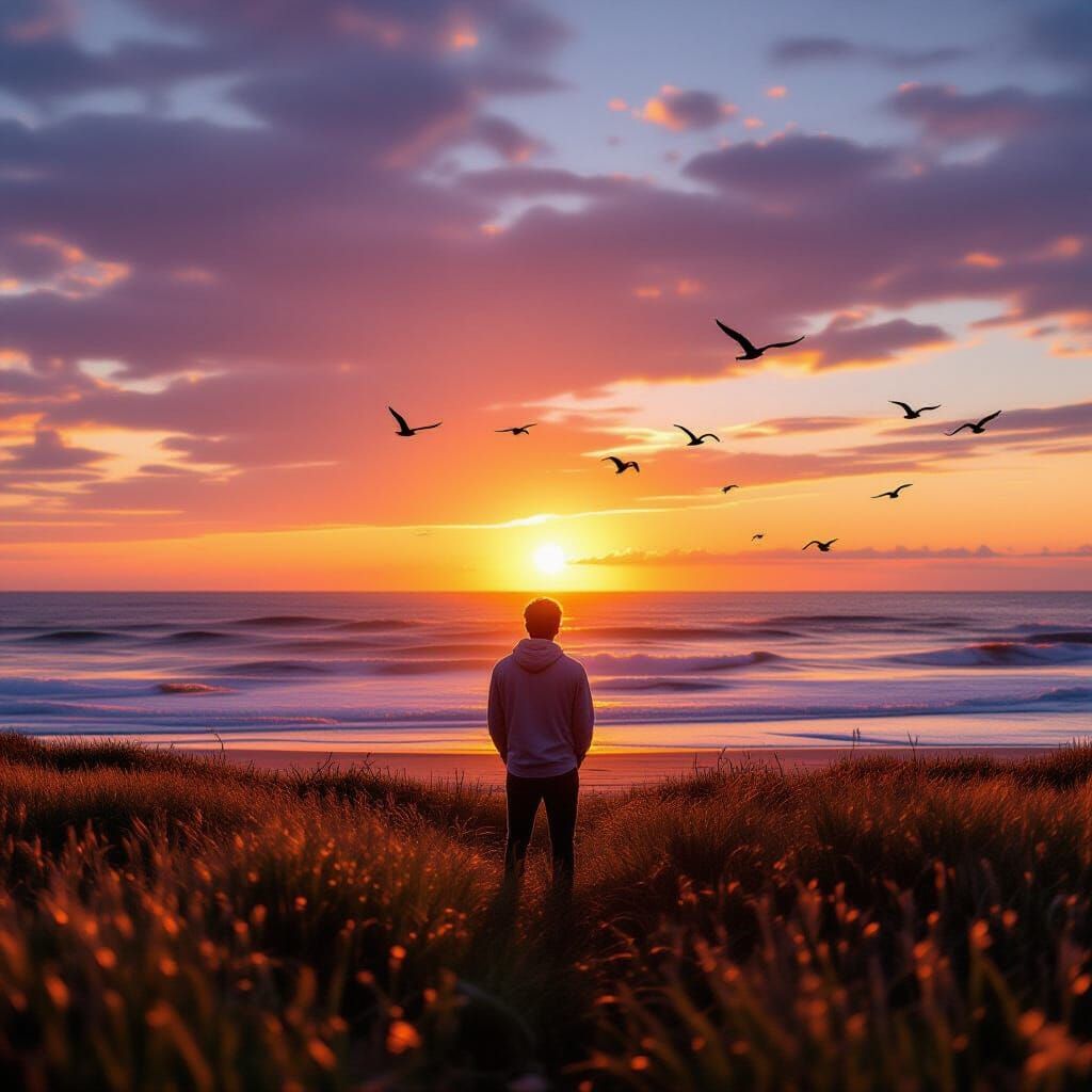 Pensive Man Contemplates Sunset Beach Double Exposure