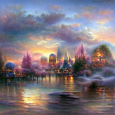 City skyline across the water at sunset