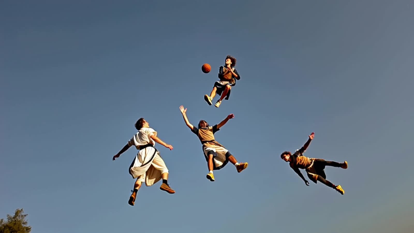 A Renaissance painting with 4 different male subjects playing basketball ball in midair. The sky should be blue and 2 sh...