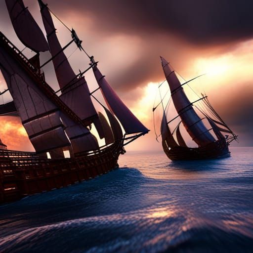 2 Galleon ships at war with each other, full sail, stormy se...