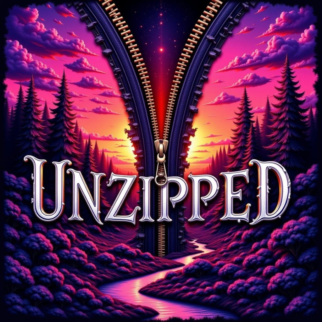 The words "Feeling Unzipped" in zipper teeth style font, over purple and red zipper art, zipper teeth outlines on everything, zipper sunset ...
