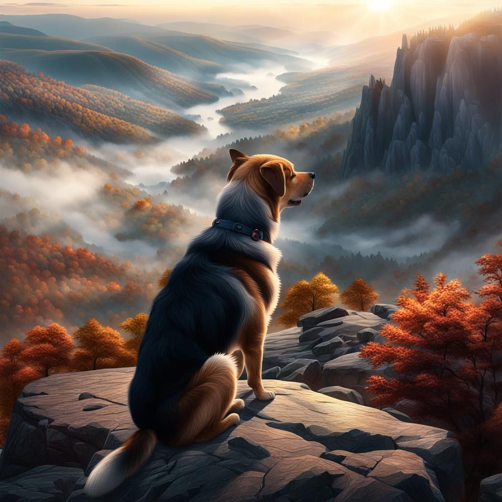 Dog Overlooking Misty Valley in Digital Art Style