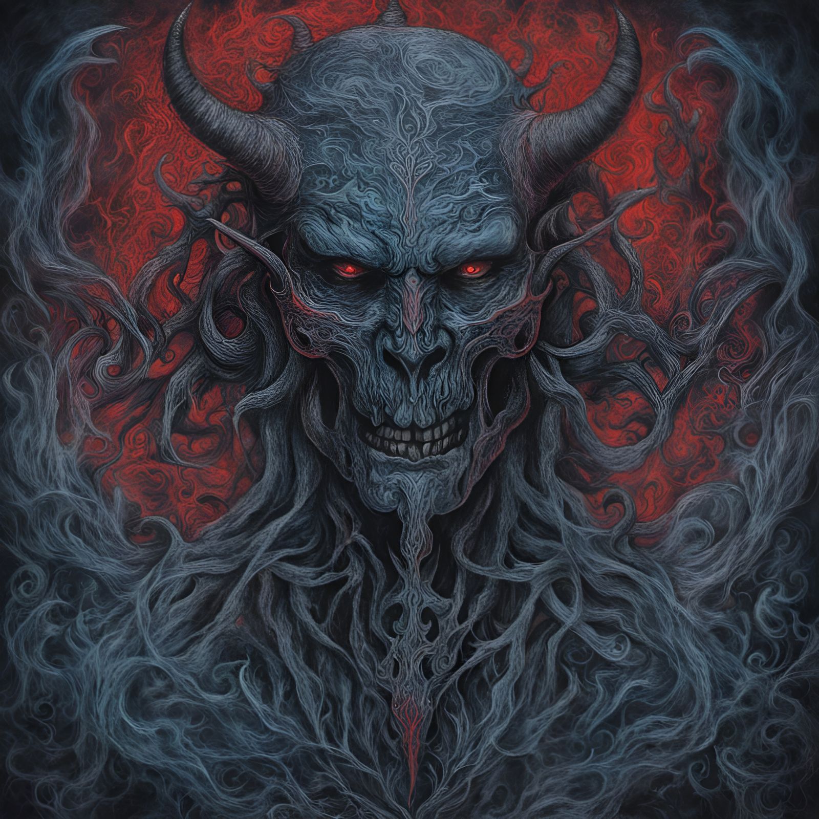Satanic Demon in Hell mystic blue and black and red mist,cel...