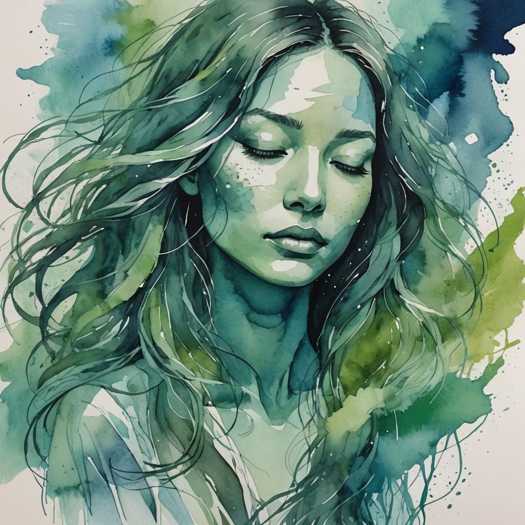 Ethereal Woman in Watercolor and Ink Collage