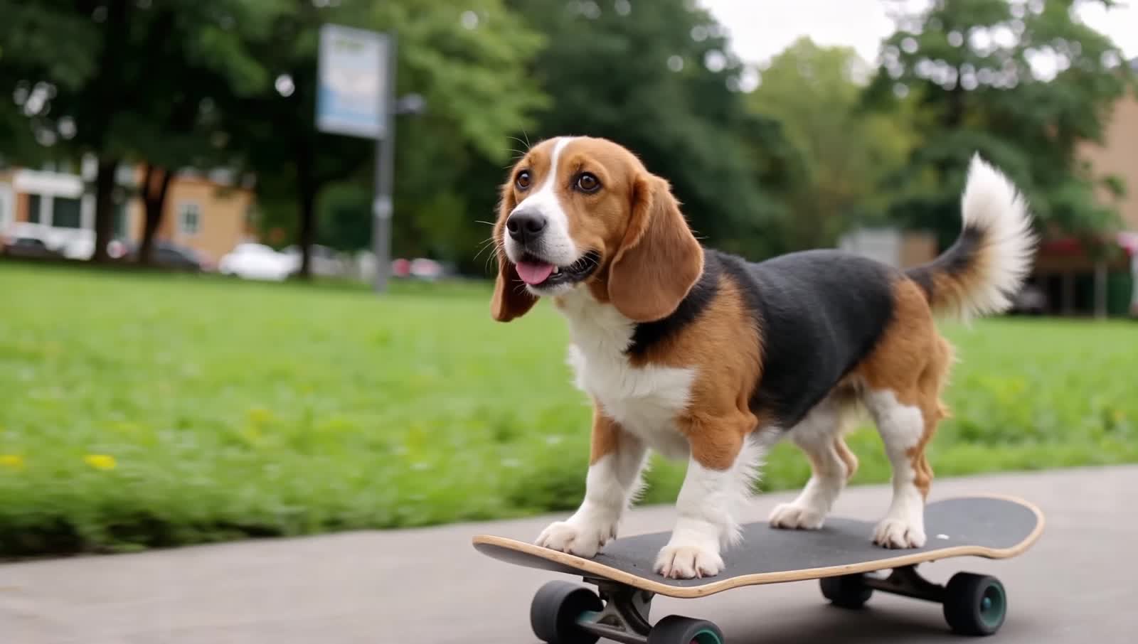 A beautiful English cocker spaniel on a skate board performing a flip