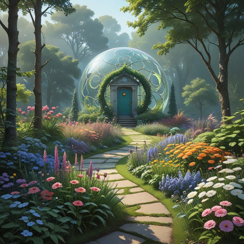 A colorful garden arranged with plants in spirals or symmetrical designs, reflecting nature’s math.  by @Barabashka