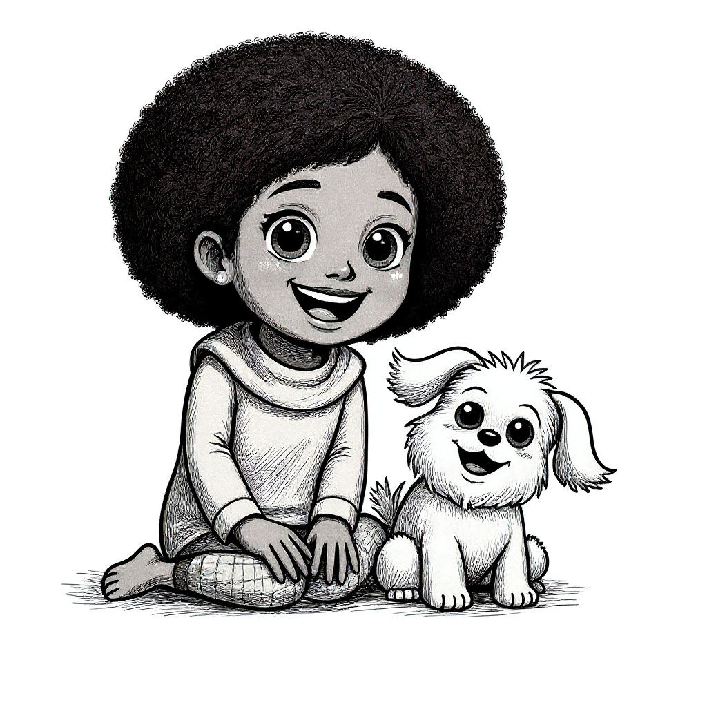 <lora:Crayon Monsters:1.0> A black and white hand-drawn style line drawing for a children’s coloring comic book. A friendly looking girl with her dog 