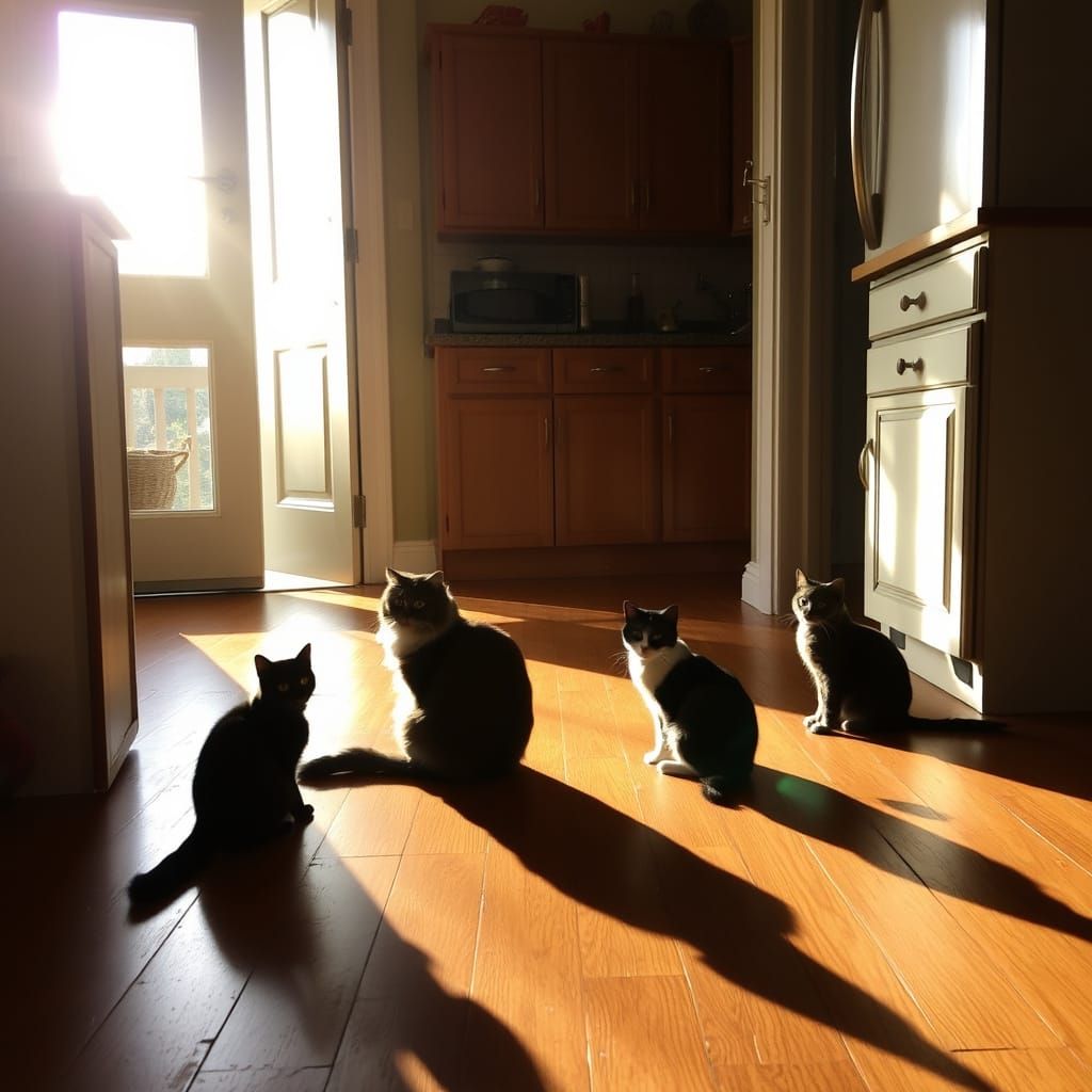 Sunlight and Shadows of Cats in a Kitchen