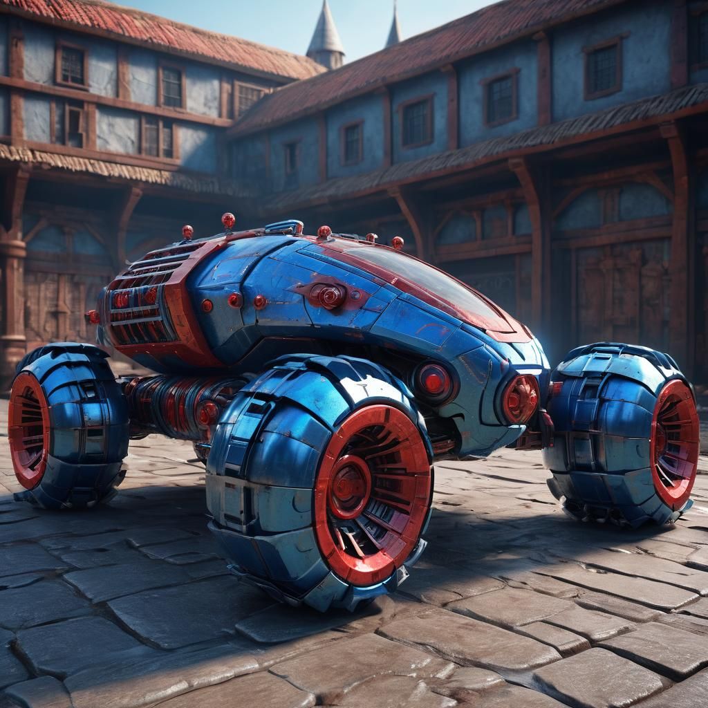Cybernetic vehicle with 6 wheels, blue and red, with fins an...