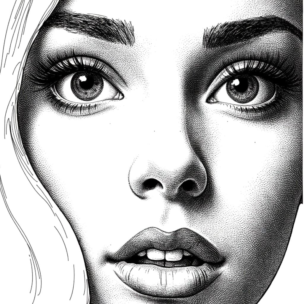 close up exquisitely beautiful female  cross hatch etched pen and ink line drawing <lora:Cross Hatch:1.0> 