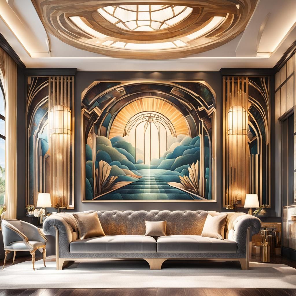 Art Deco mural at the wall interior design with glass window...