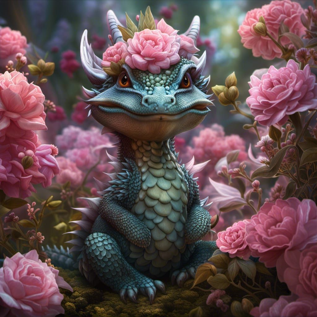 tiny micro baby dragon sitting under flowers, by N. C. Winters and Giuseppe Arcimboldo, gustav doré, ...  by @the_wid0w