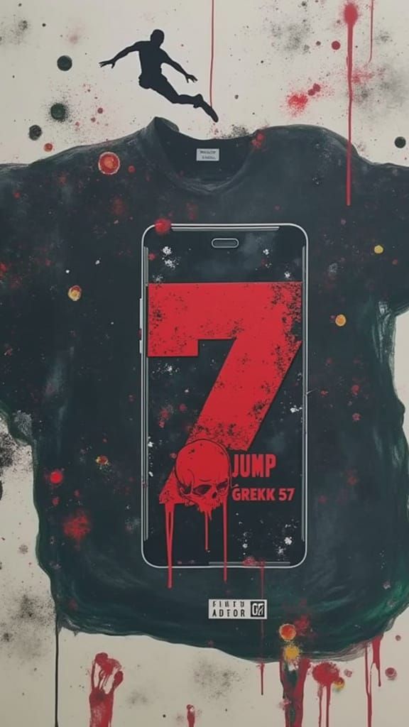 "Diss track album cover 'JUMP' with shattered Redmi Note 11 Pro, 'GREKK 57' in dripping chrome font, glitch effects, circuit-board skull, bu...