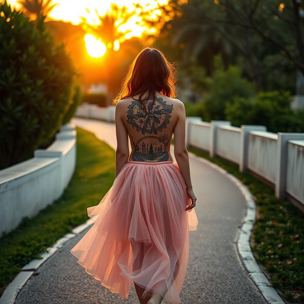 Woman with visible back tattoo wearing only a pink tulle skirt walking