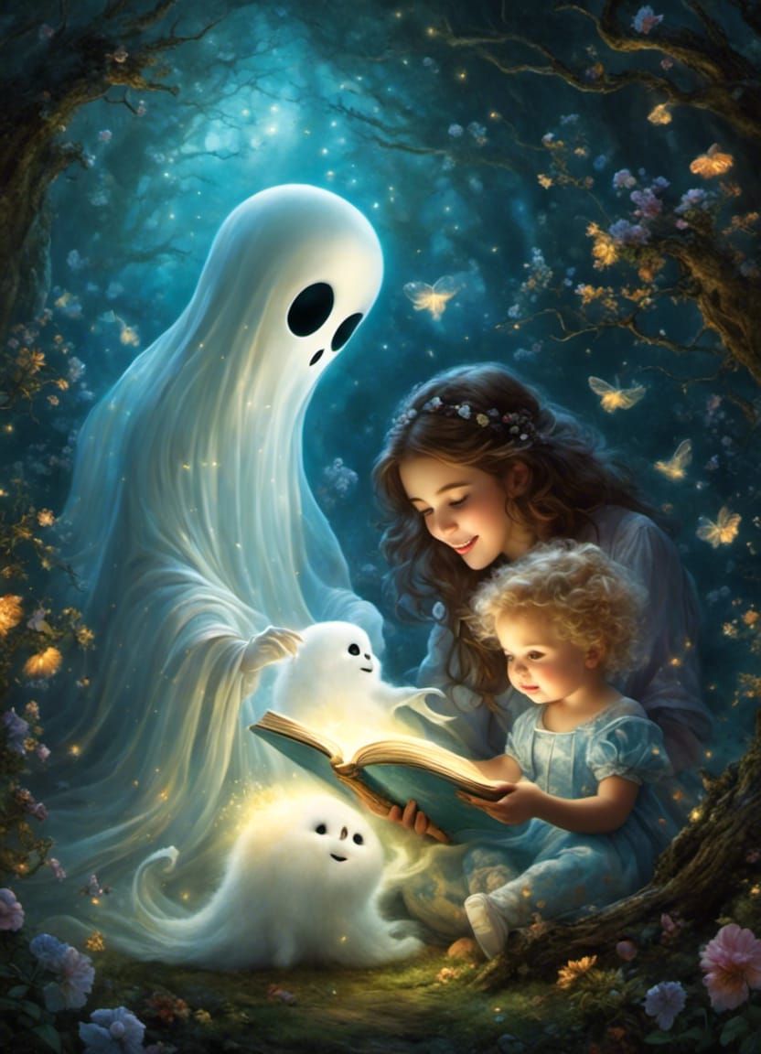 Reading bedtime stories with cute ghosts