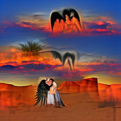 Angel and demon kiss in the desert sunset matte background