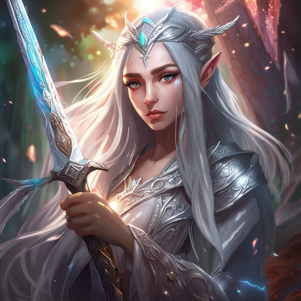 A beautiful anime like elven princess holding a silver sword - AI Generated  Artwork - NightCafe Creator