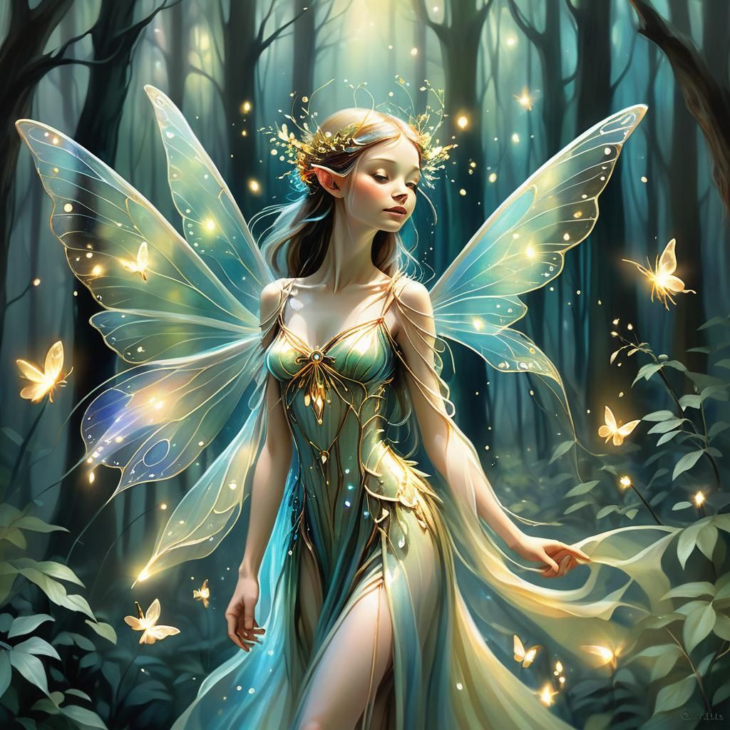 Whimsical Faerie in a Lush, Glowing Forest