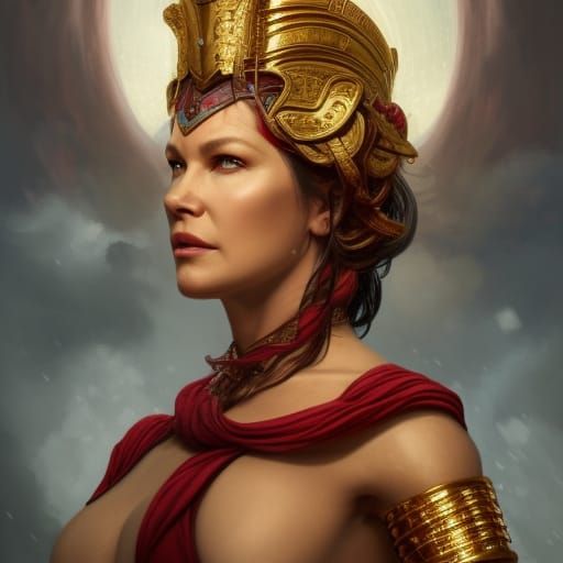 Catherine Zeta-jones As goddesse athena in red armer in updo...