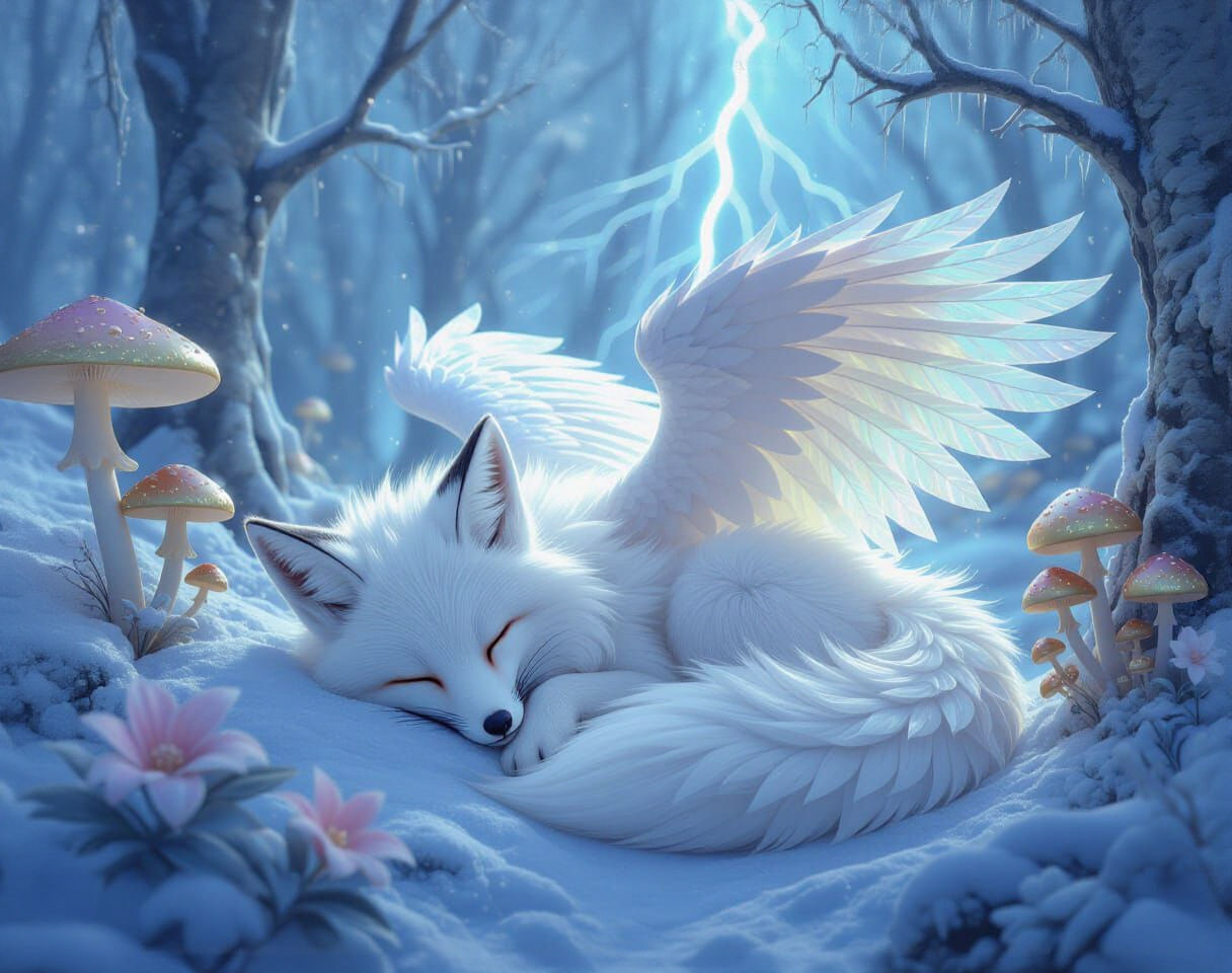 white fluffy adorable fox dragon hybrid sleeping in a snowy, iridescent opalescent forest in a thunderstorm, ...  by @Summerchild
