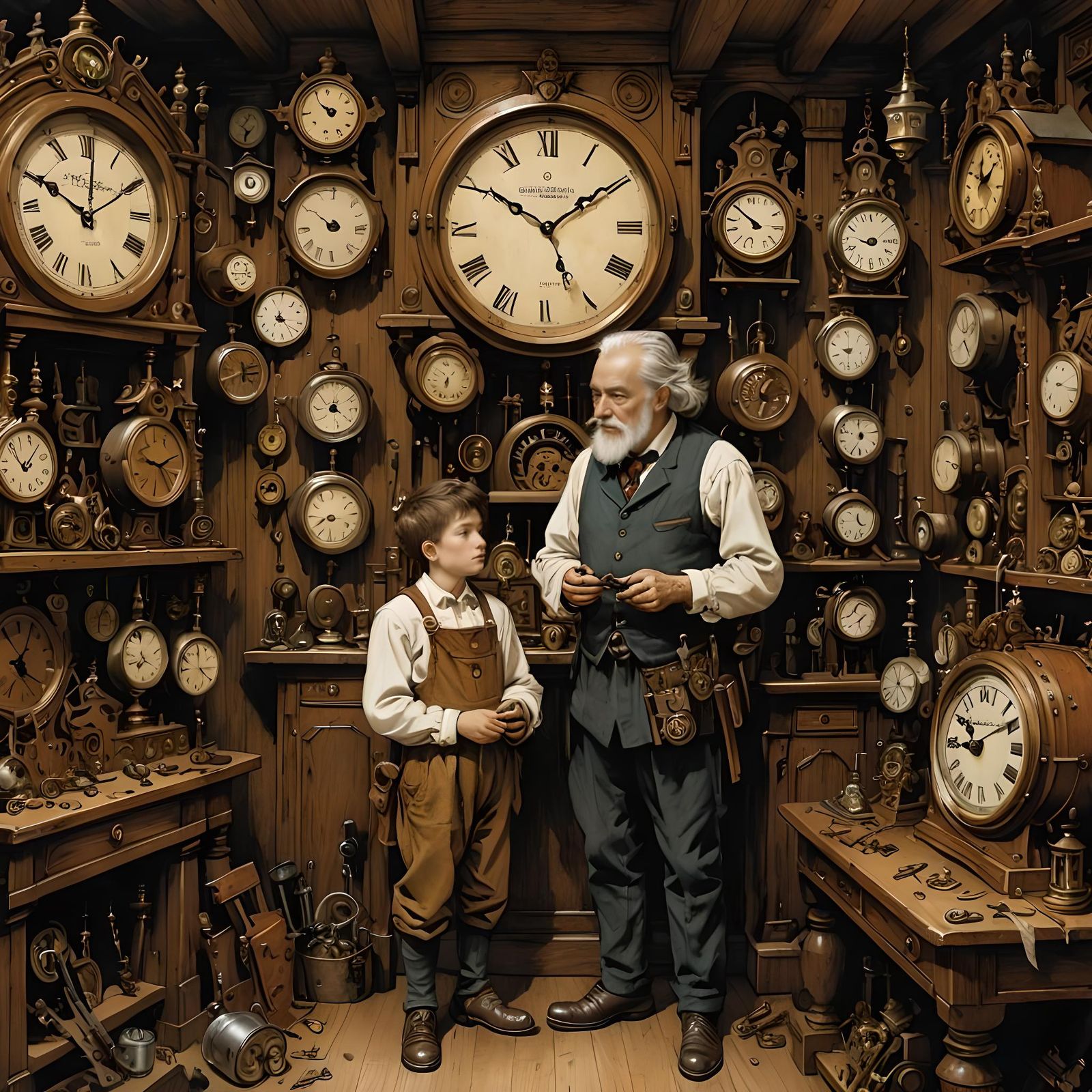 Master Clockmaker and Young Apprentice AI Generated Artwork