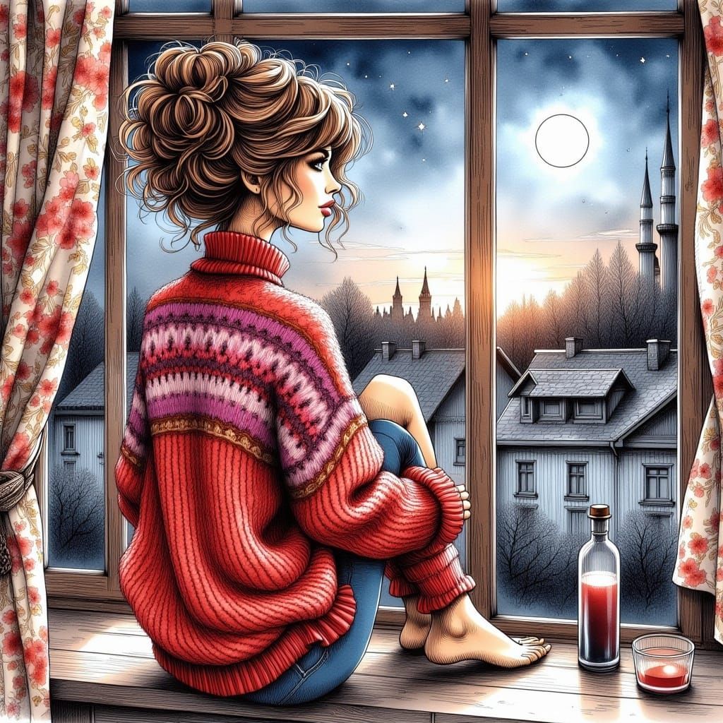 <lora:BeautifulPaintingFx:1.0> Stunning woman, wavy and tousled brown hair, bun, wearing a red and pink woolen sweater, sitting on the windo...