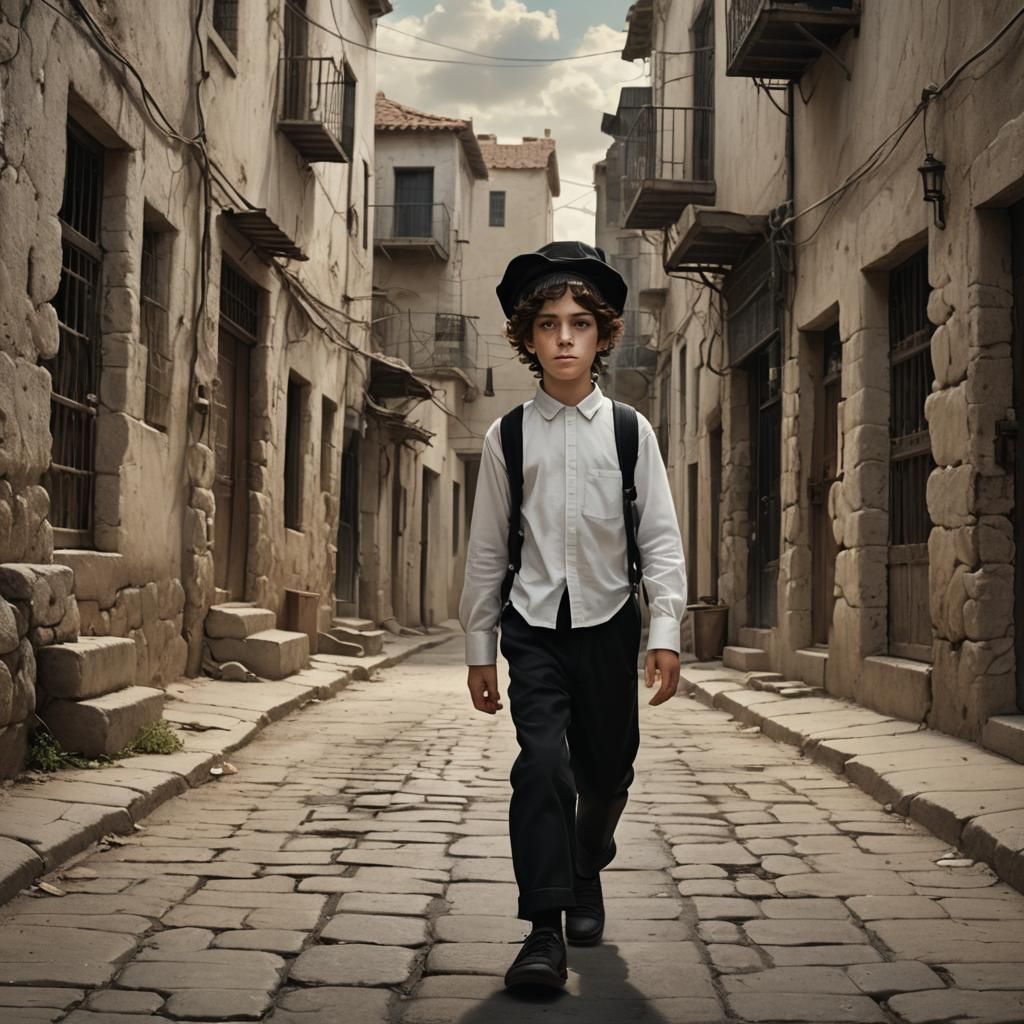 Hassidic Boy Walks Deserted Street: Fantasy Matte Painting
