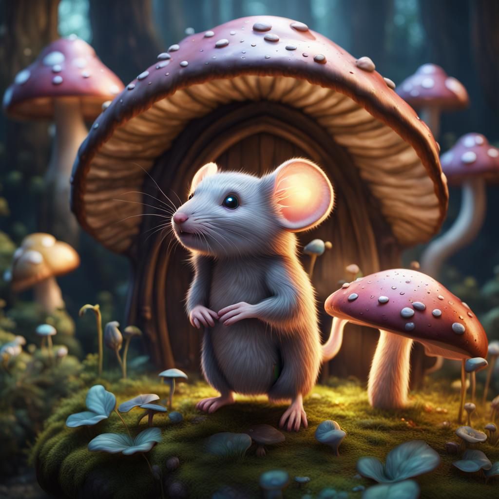 cute mouse in fairylike mushroom house  by @Morning Dawn