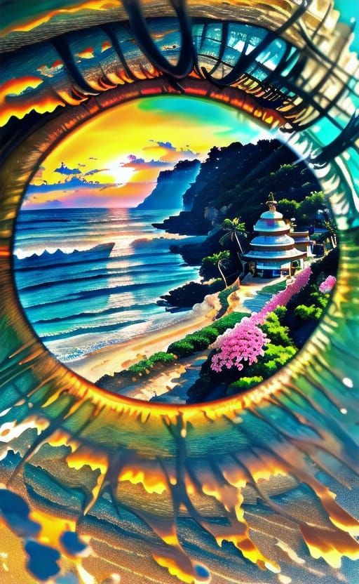 <lora:Eyeeezzzzz:1.0> Mediterranean coastal scene digital art inside of an eye. Wide shot of a sun-drenched terrace with terracotta pots ove...