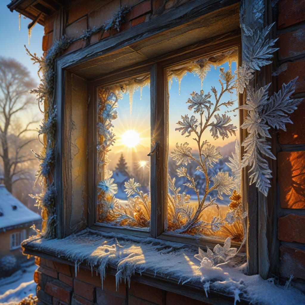 Eisblumen an einem alten Fachwerkfenster im Sonnenschein   by @Nekooo ni