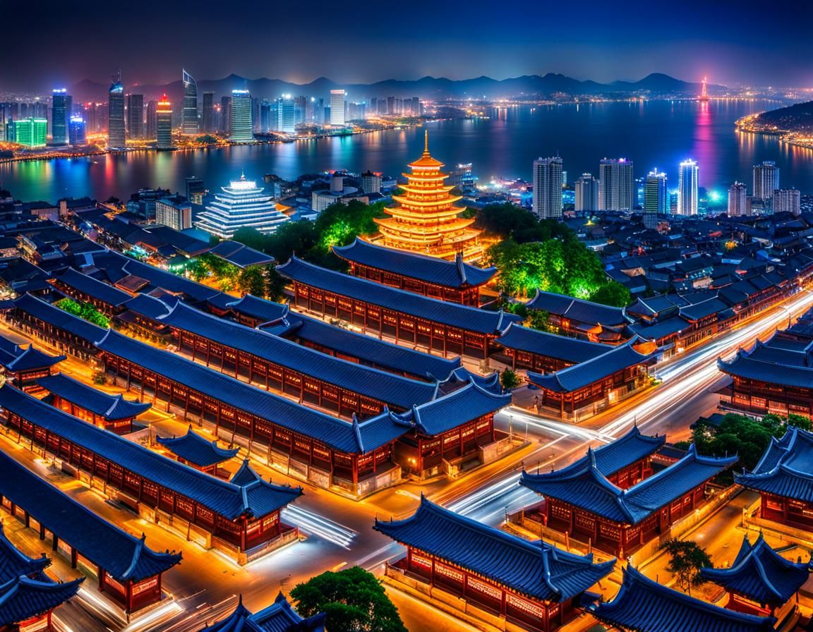 Oriental Nighttime Cityscape bustling with life