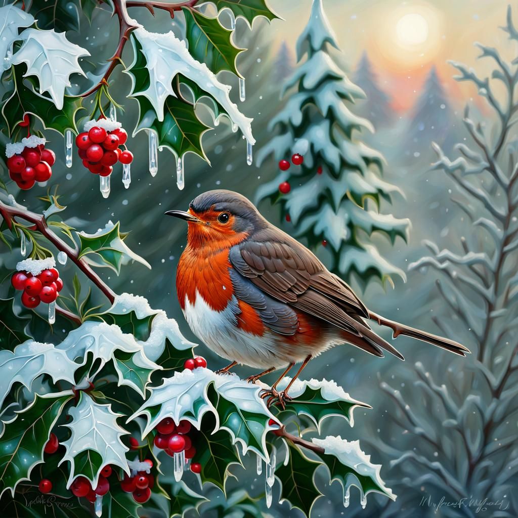 An early morning Christmas wintery scene of a robin sitting on a holly bush Icicles on the berries and ...  by @Oma