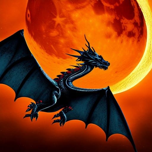 dragon flying at night in front of the moon