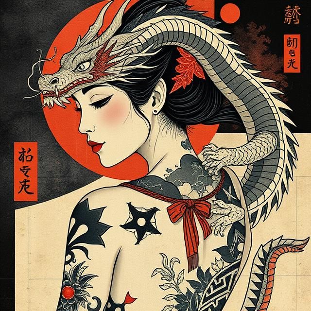 GEISHA TATTOOED WITH A DRAGON COVERING HER BACK.