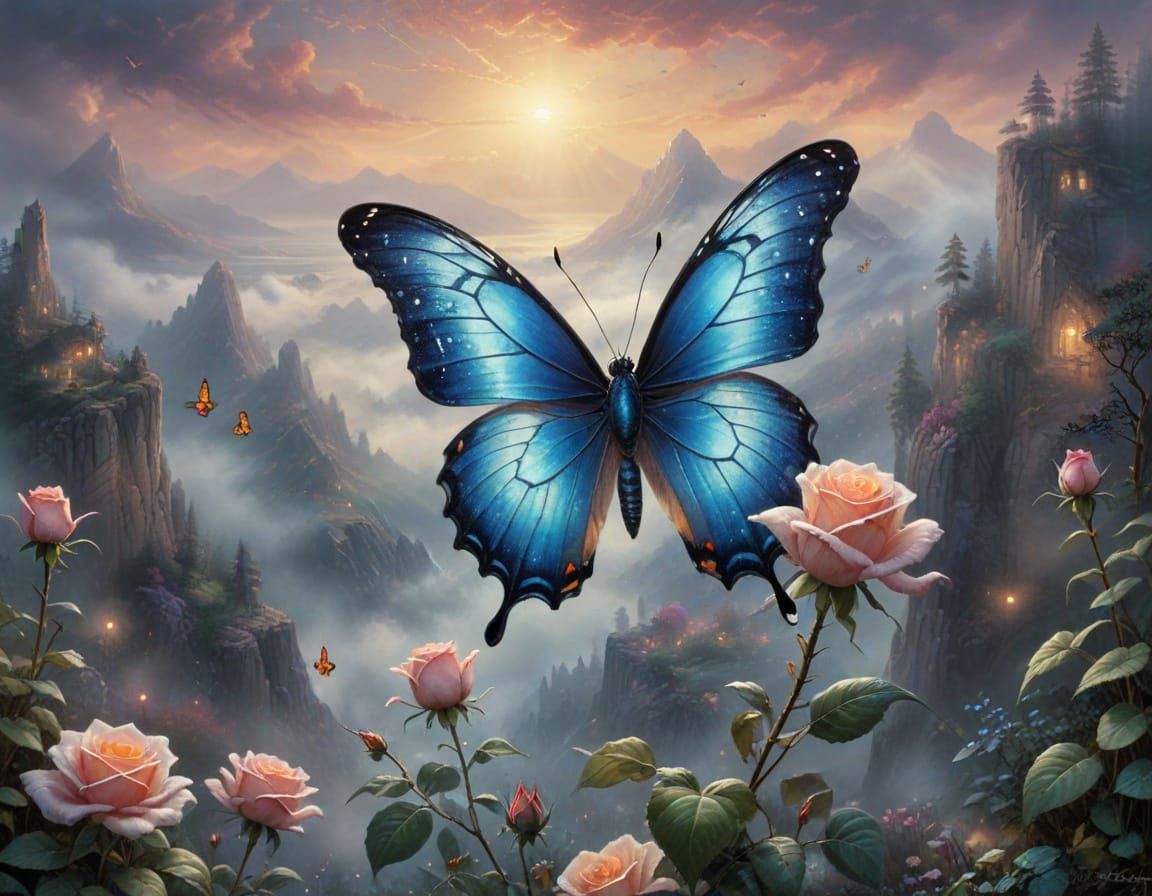 Stained Glass Butterfly on Dew-Kissed Rose