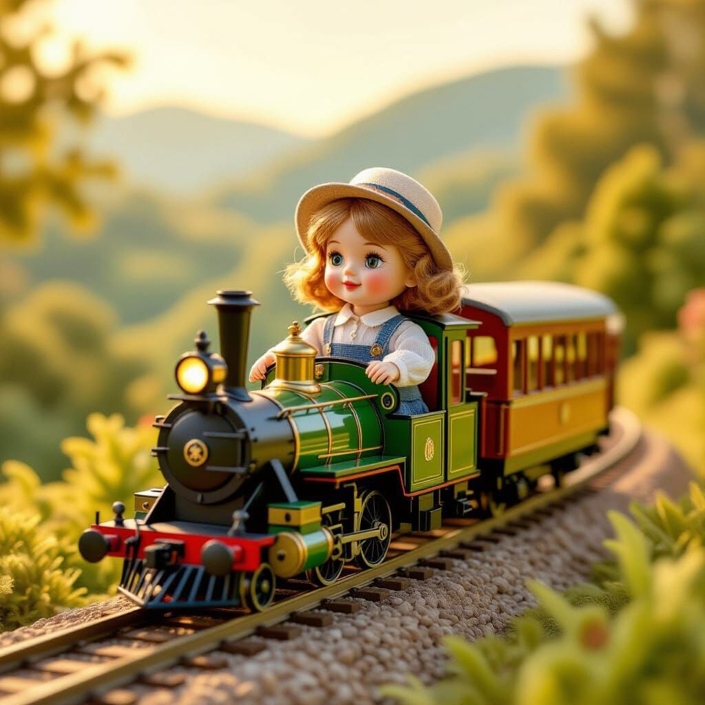 Doll Rides Miniature Train in Whimsical Storybook Style