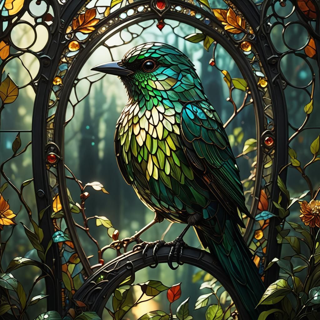 scenic cute luminous tiny dark_green bird, made of (stained ...