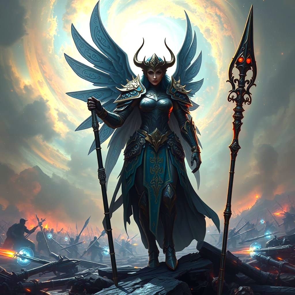 A beautiful Valkyrie warrior stands on a battlefield strewn with glowing, otherworldly weapons. She is clad in ornate armor adorned with cel...