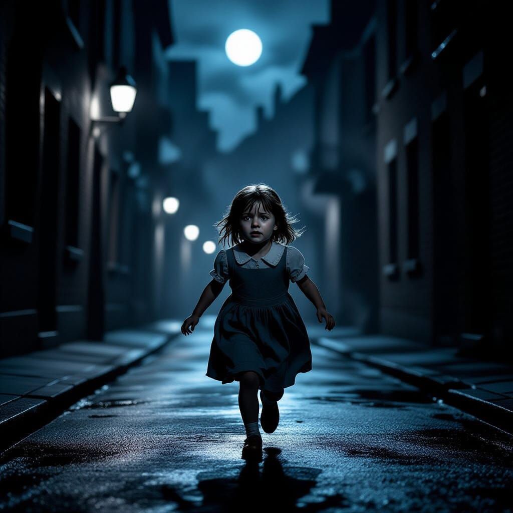 Lost Girl Runs Through Dark Street in Cinematic Style