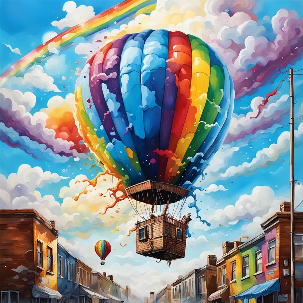 Blue sky; rainbow; clouds; hot air ballon;   by @Vanity