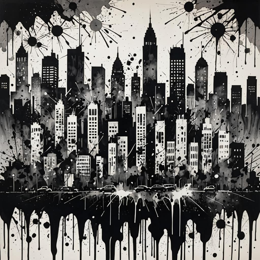 City skyline defined by dynamic ink splatters and shadows. Black ink drips and splatters evoke crowded streets and urban decay. Bold lines d...
