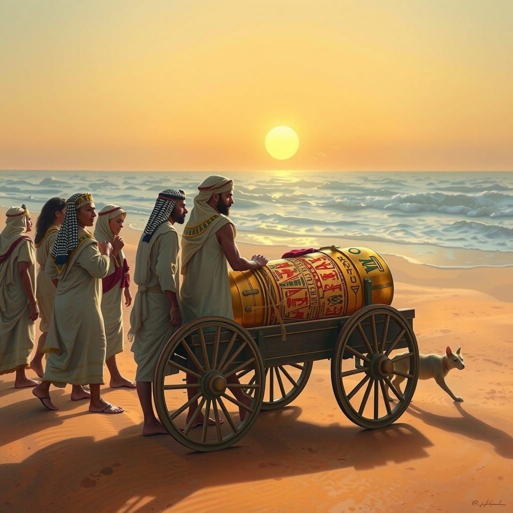 Crowd of ancient Egyptians carrying coffin on cart towards ocean