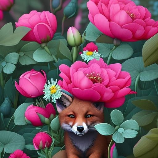 Baby fox hiding behind flowers  by @geogirl13