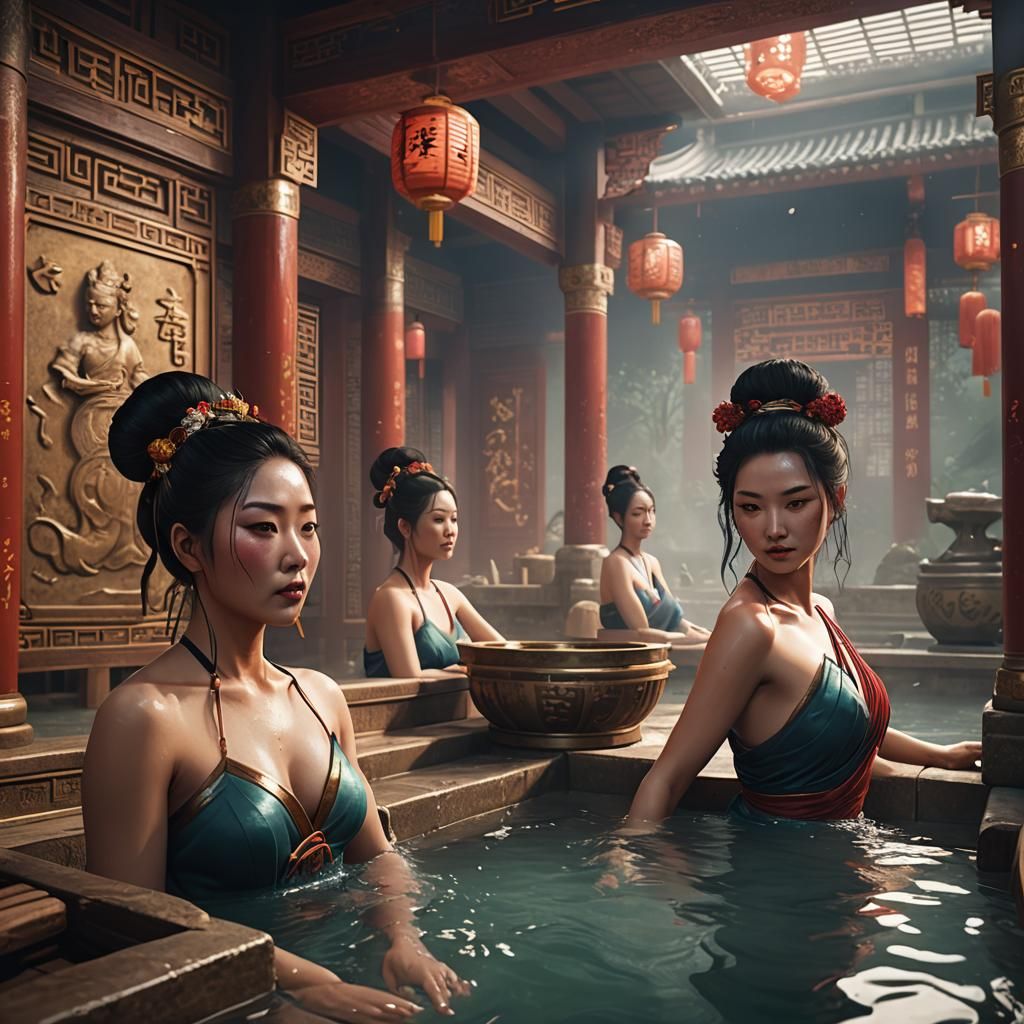 Bathing women in a Chinese bathhouse, classic look, 500 BC