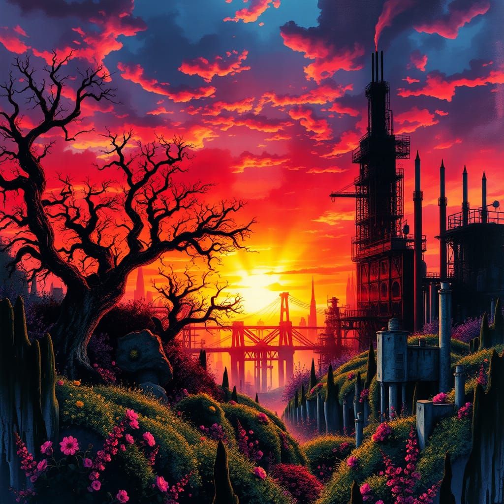 double exposure detailed sunset painting, fairytale, fantasy