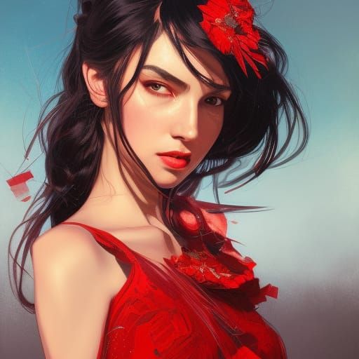 Pretty woman black haired in red summer dress