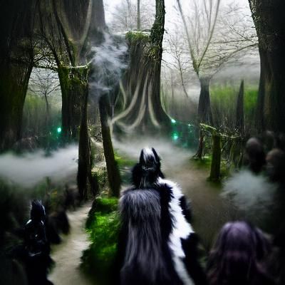 Ancient forest of dark magic, one thin path clears the mist leading somewhere deep within the forest
