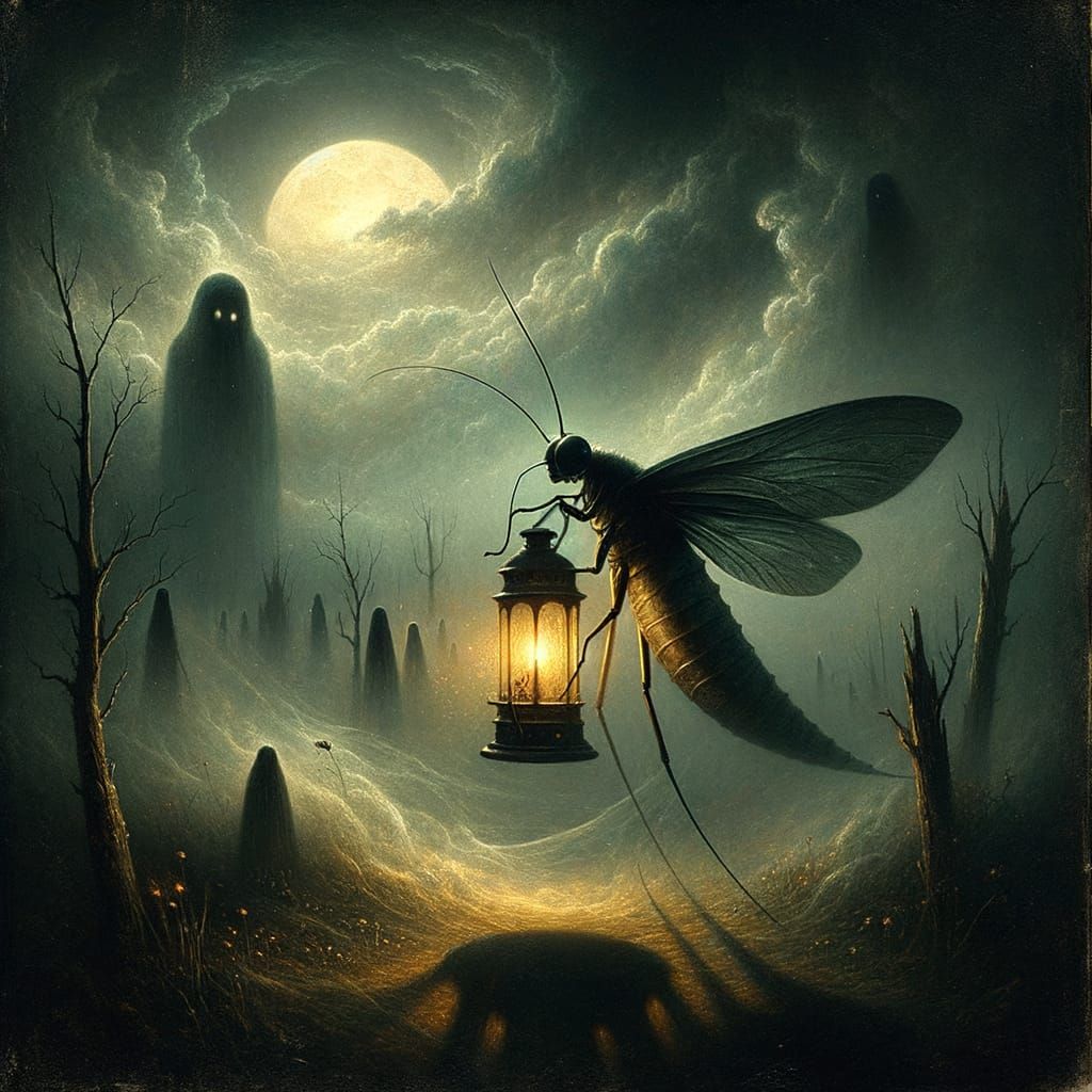 Firefly carriyng a lantern and wandering through a dense and mysterious mist
